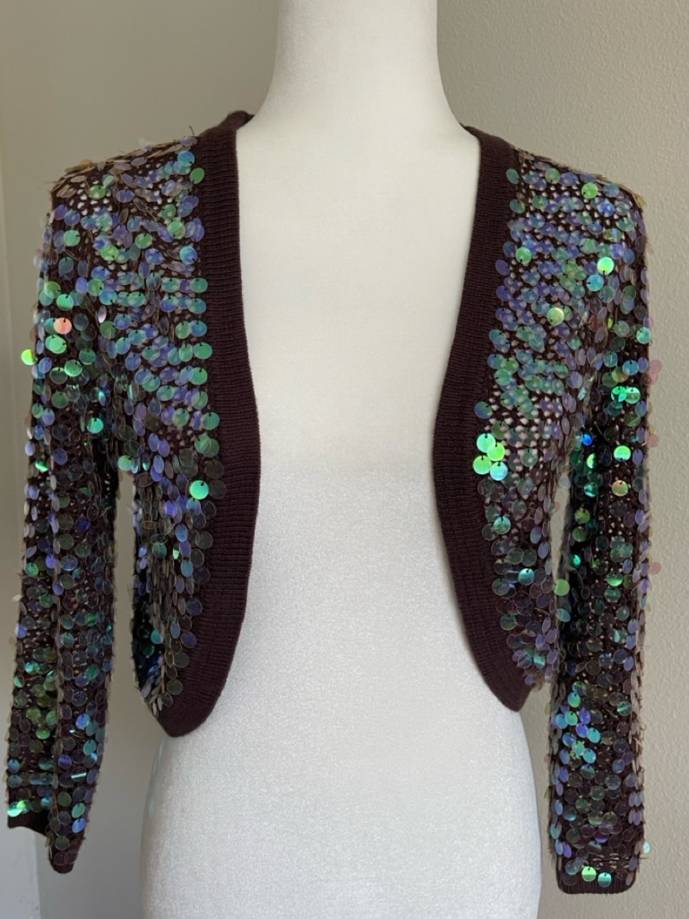 Cejon Brown Cropped Sequin Cardigan with Iridescent Green-Blue Sequins Size L